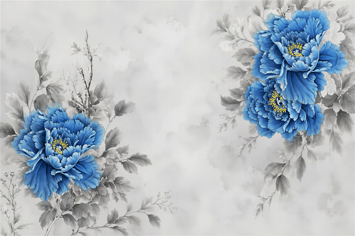 Fotobehang Blauwe bloemen op een grijze achtergrond
