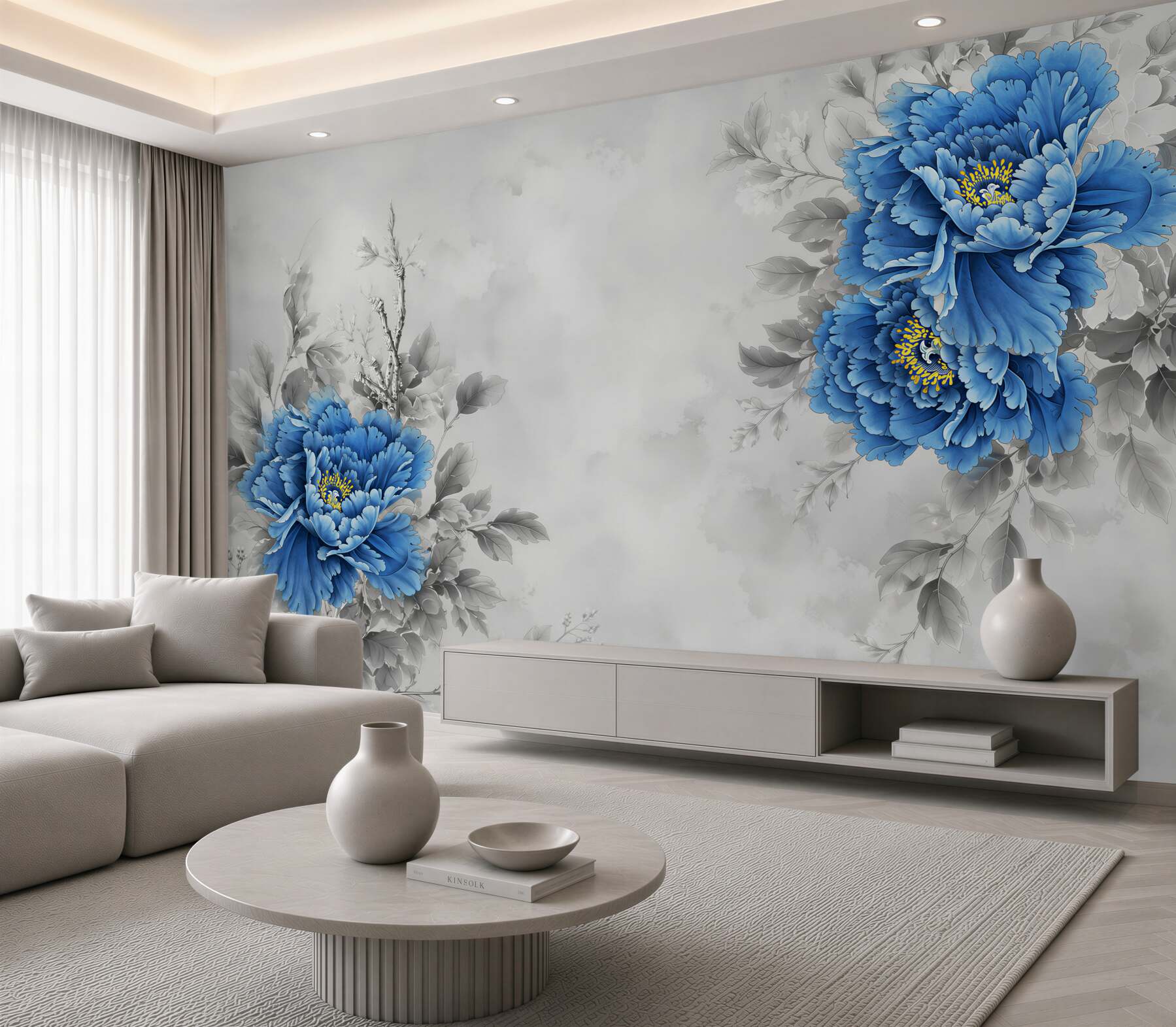 Fotobehang Blauwe bloemen op een grijze achtergrond