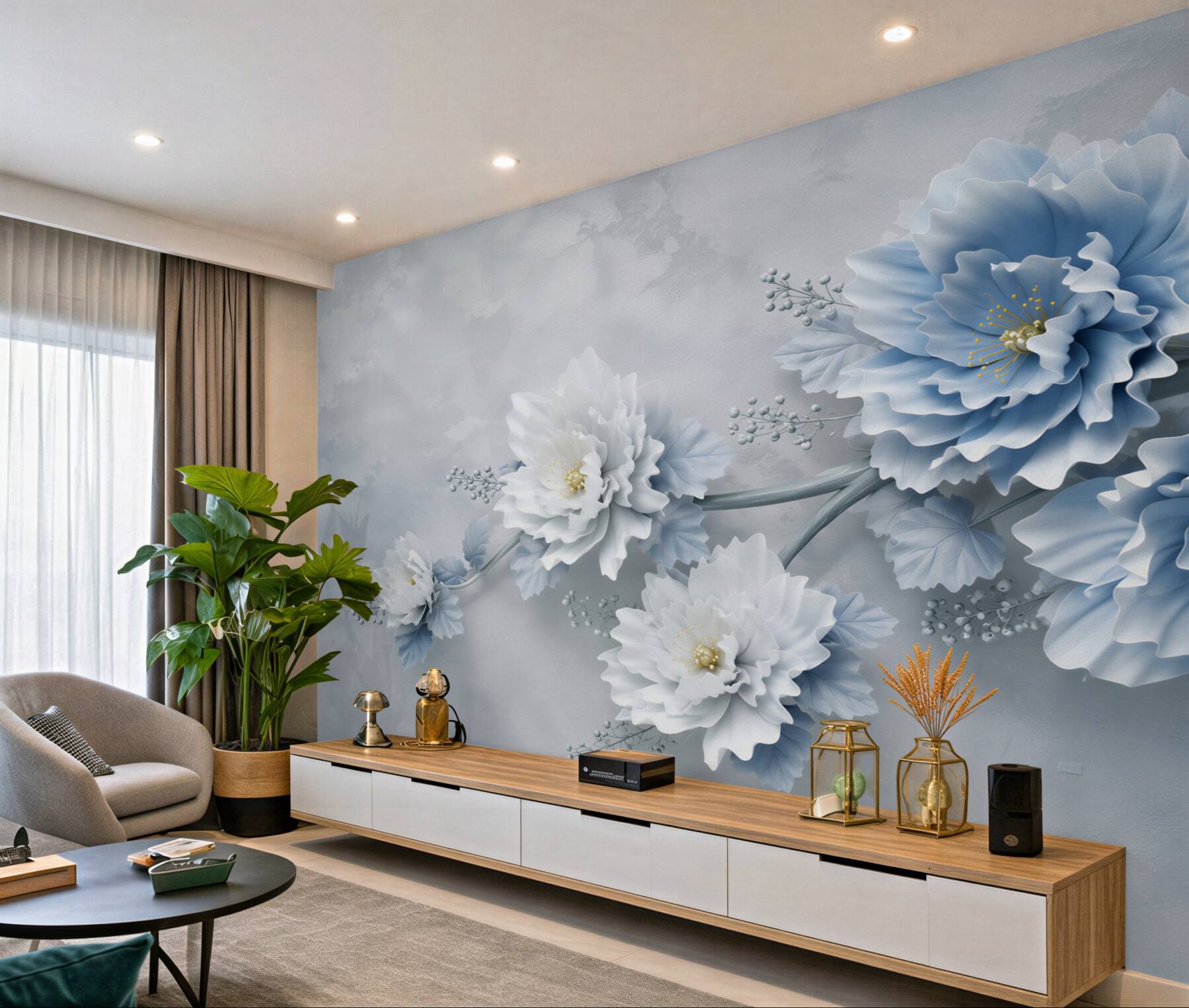 Fotobehang Blauwe bloemen op een mistige dag