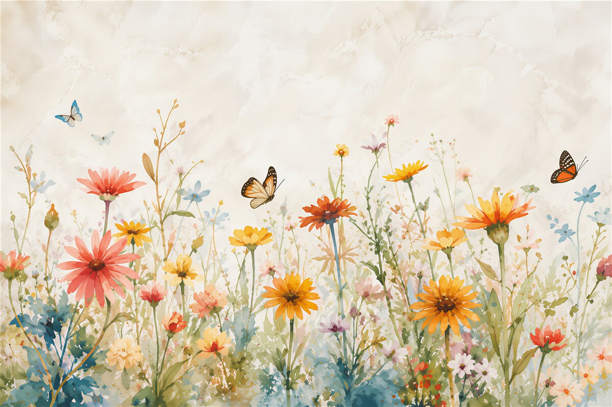Fotobehang Vlinders op bloemen bij zonsopgang