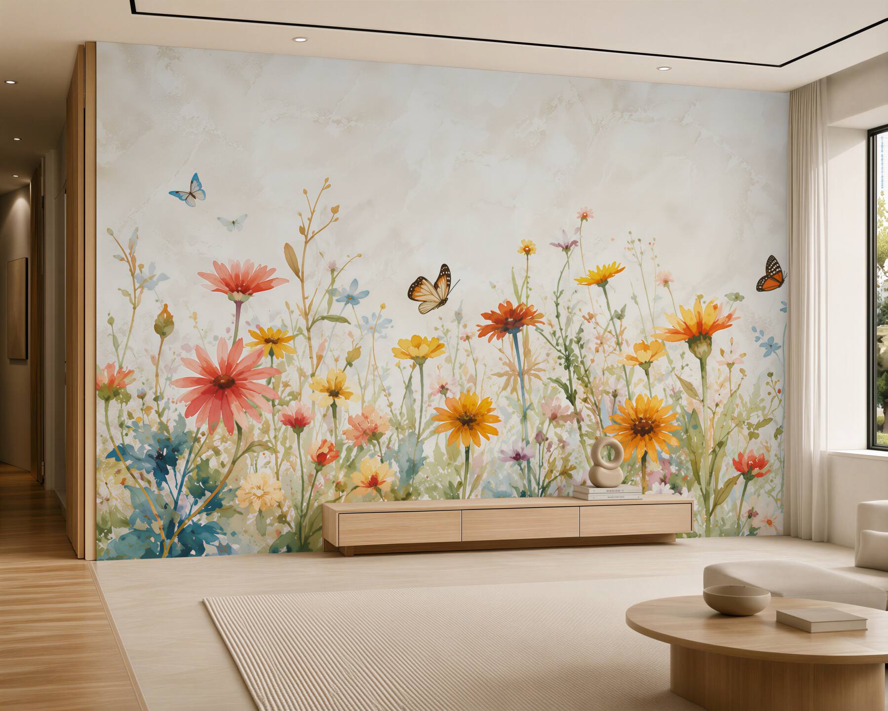 Fotobehang Vlinders op bloemen bij zonsopgang