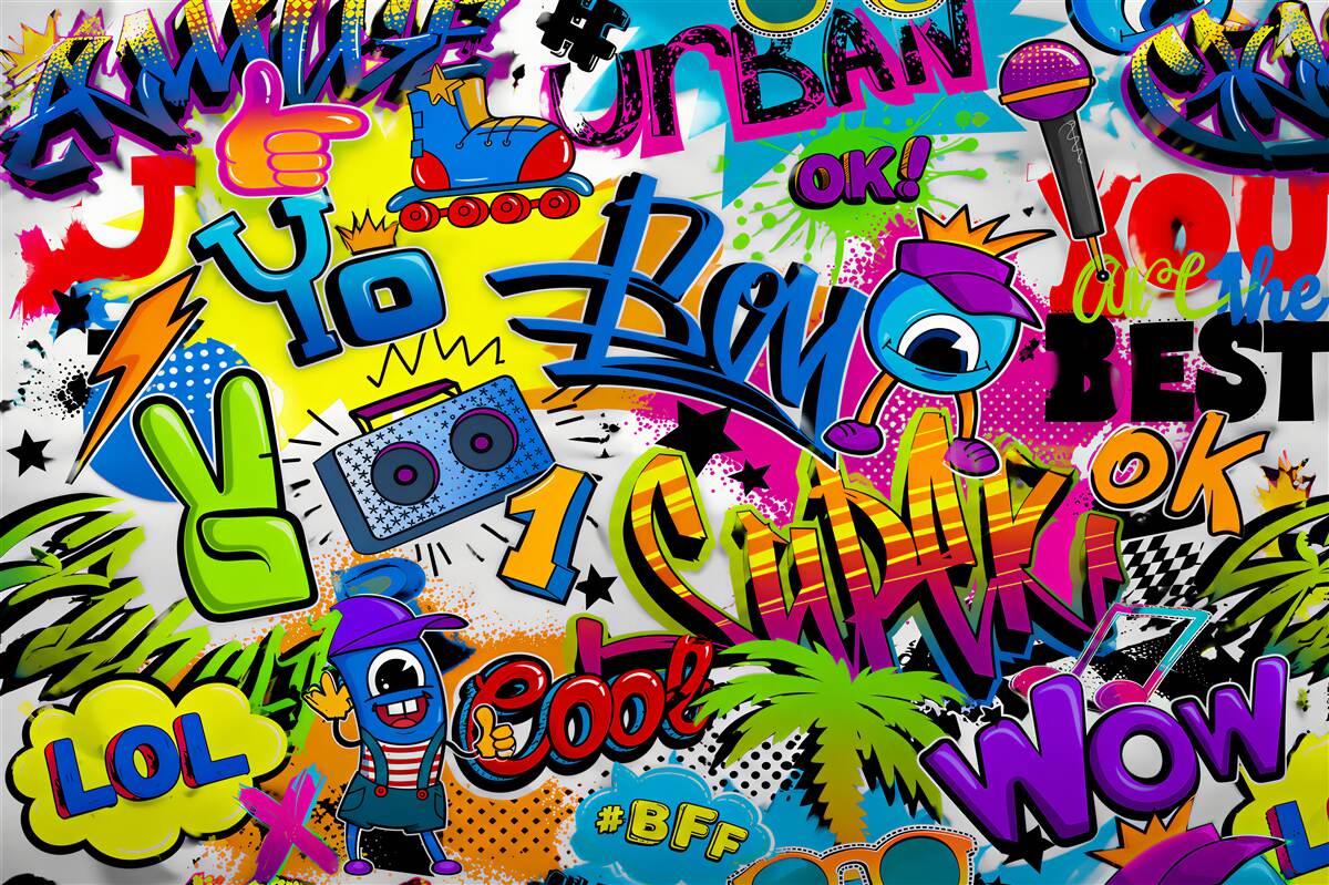 Fotobehang pastel graffiti met rol en boombox voor tienerkamer
