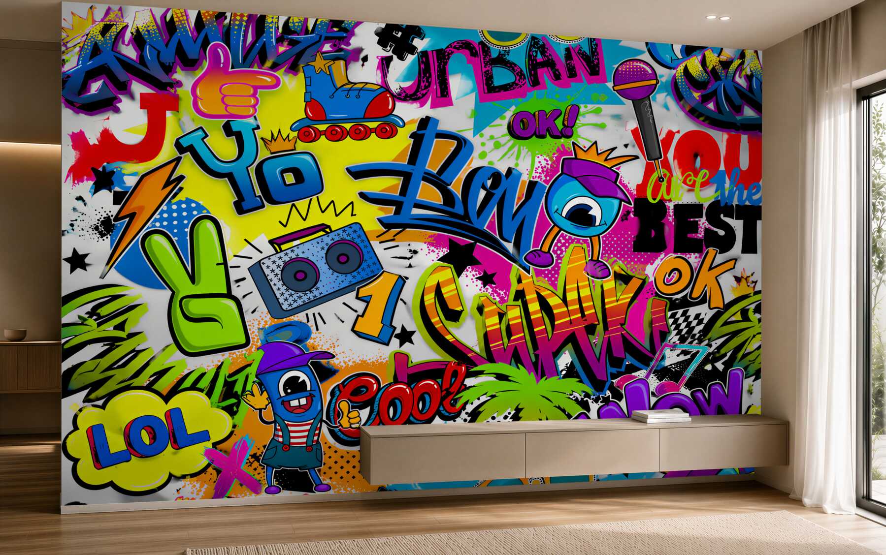 Fotobehang pastel graffiti met rol en boombox voor tienerkamer