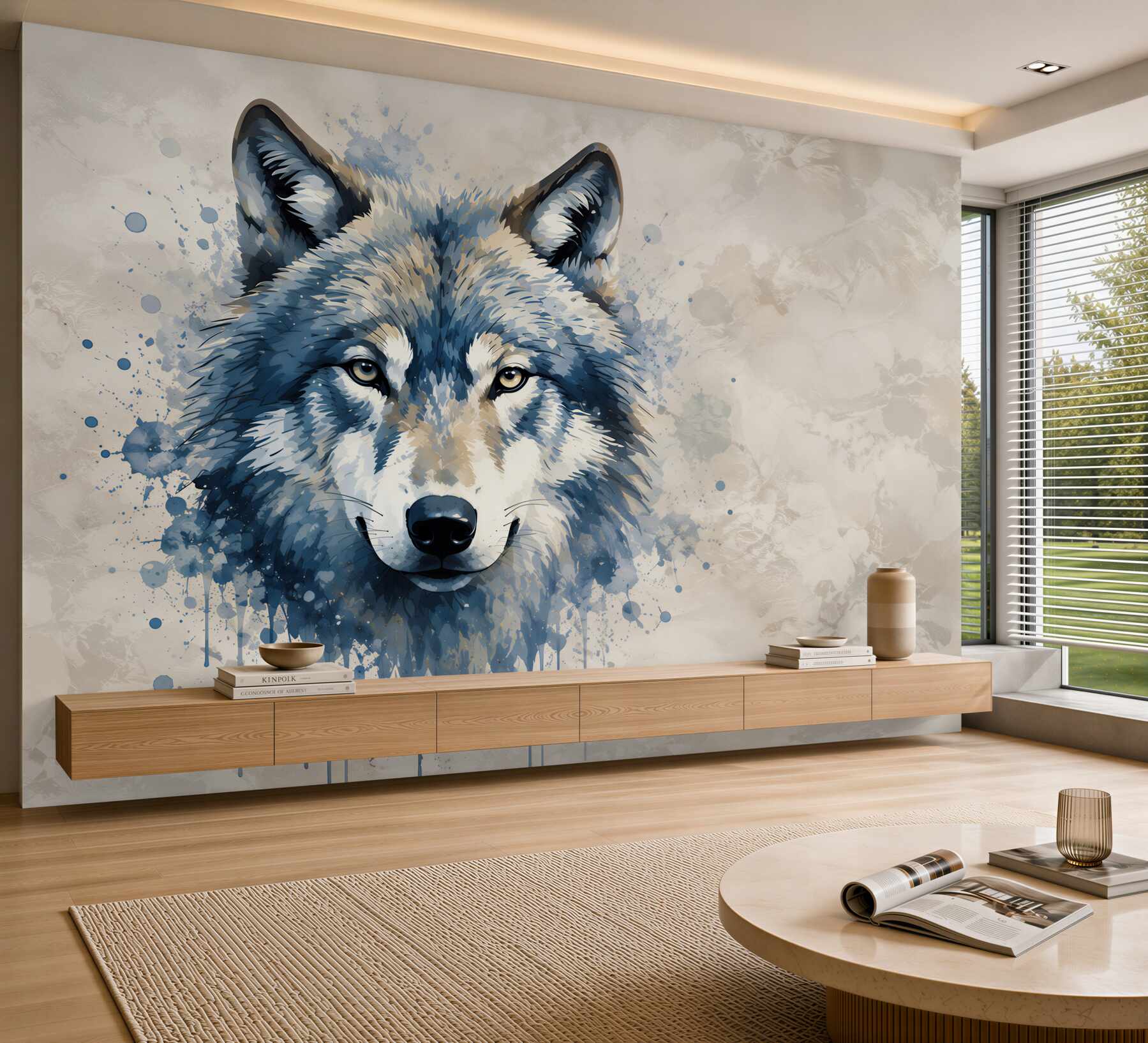 Fotobehang grijze wolf aquarelportret moderne wanddecoratie