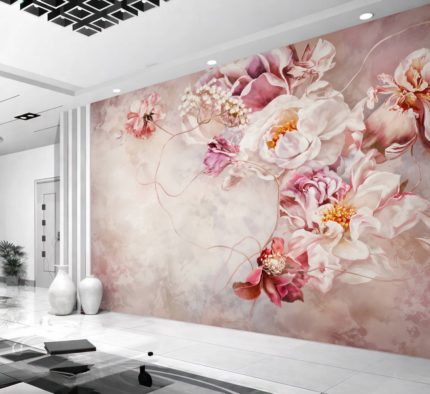 Fotobehang pastel pioenroos bloemen op een lichte achtergrond romantisch