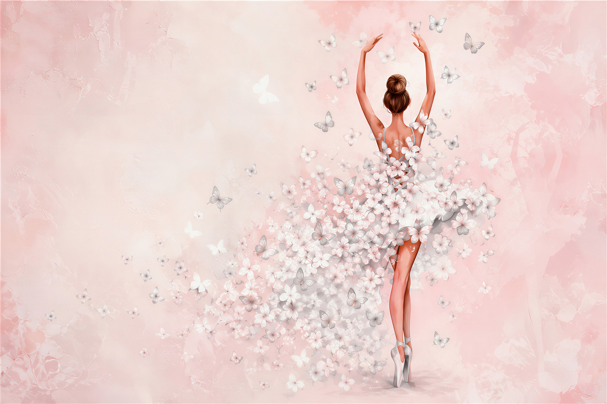 Fotobehang ballerina met vlinders pastelroze voor het meisjeskamer