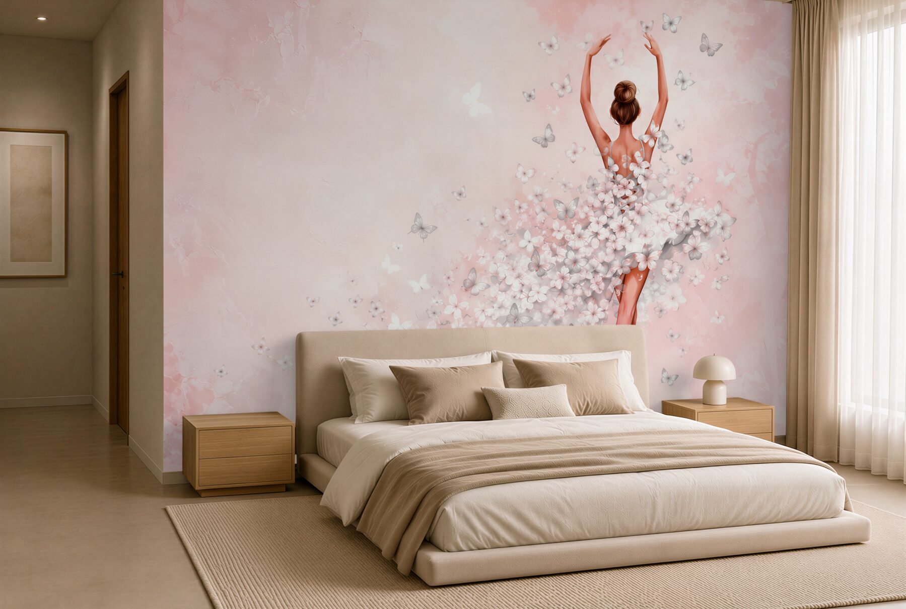 Fotobehang ballerina met vlinders pastelroze voor het meisjeskamer