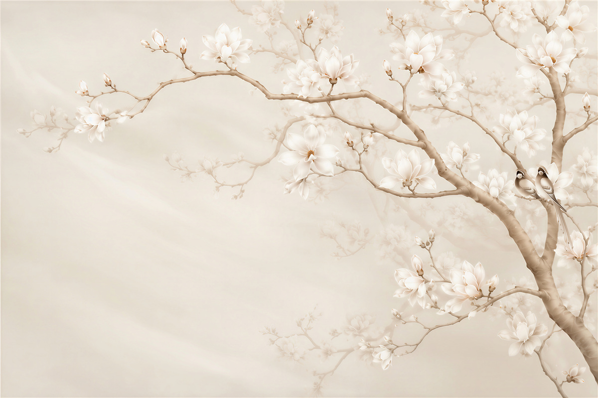 Fotobehang Magnolia's in de beige tuin