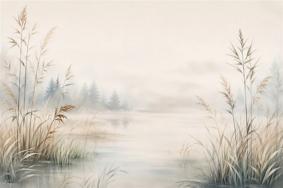 Fotobehang Mistig Landschap van het Meer