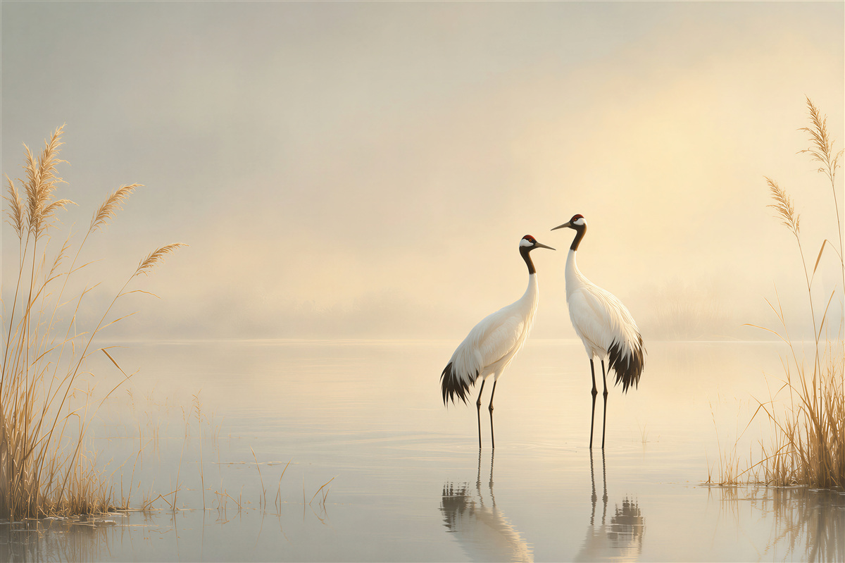 Fotobehang Kraanvogels aan het meer