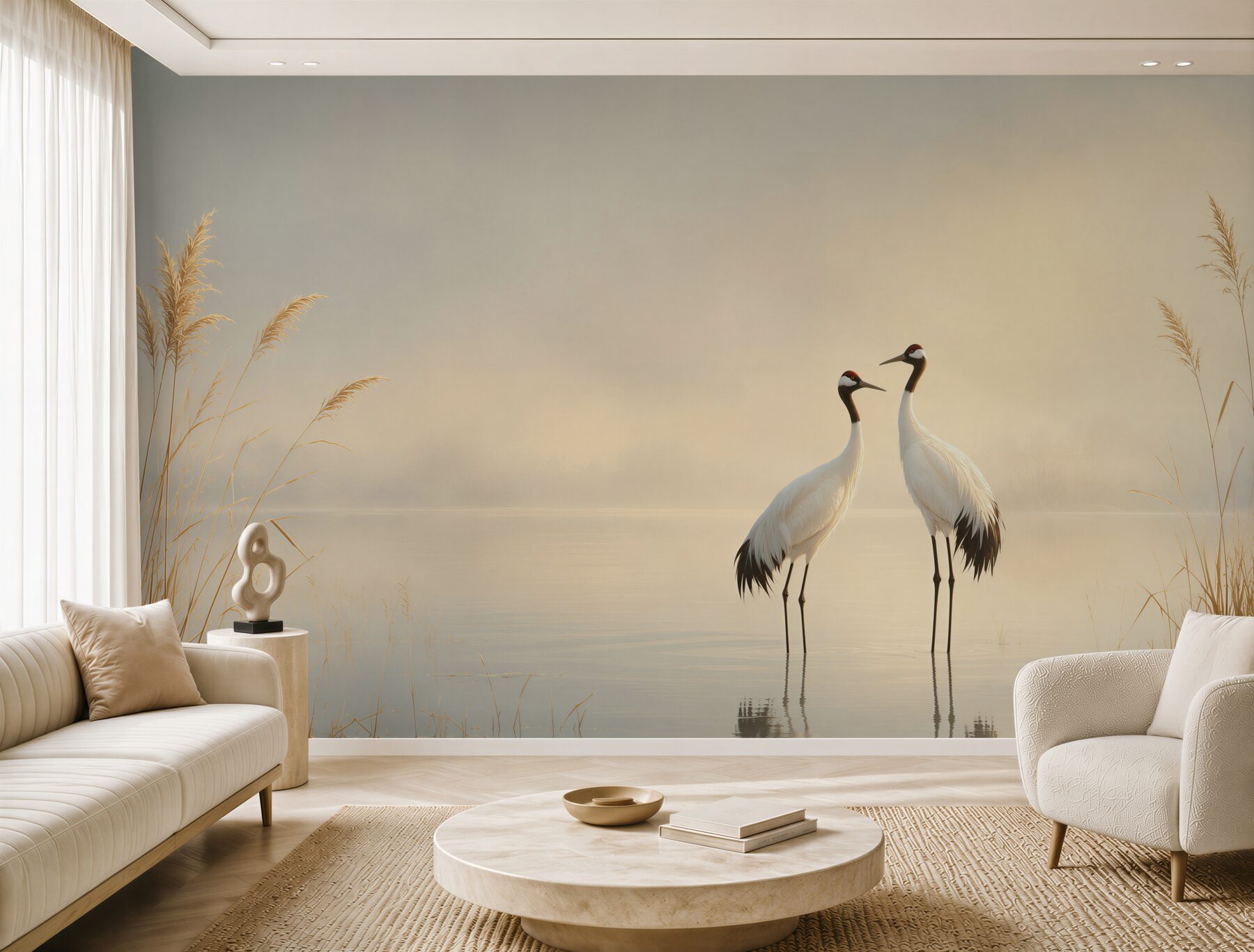 Fotobehang Kraanvogels aan het meer