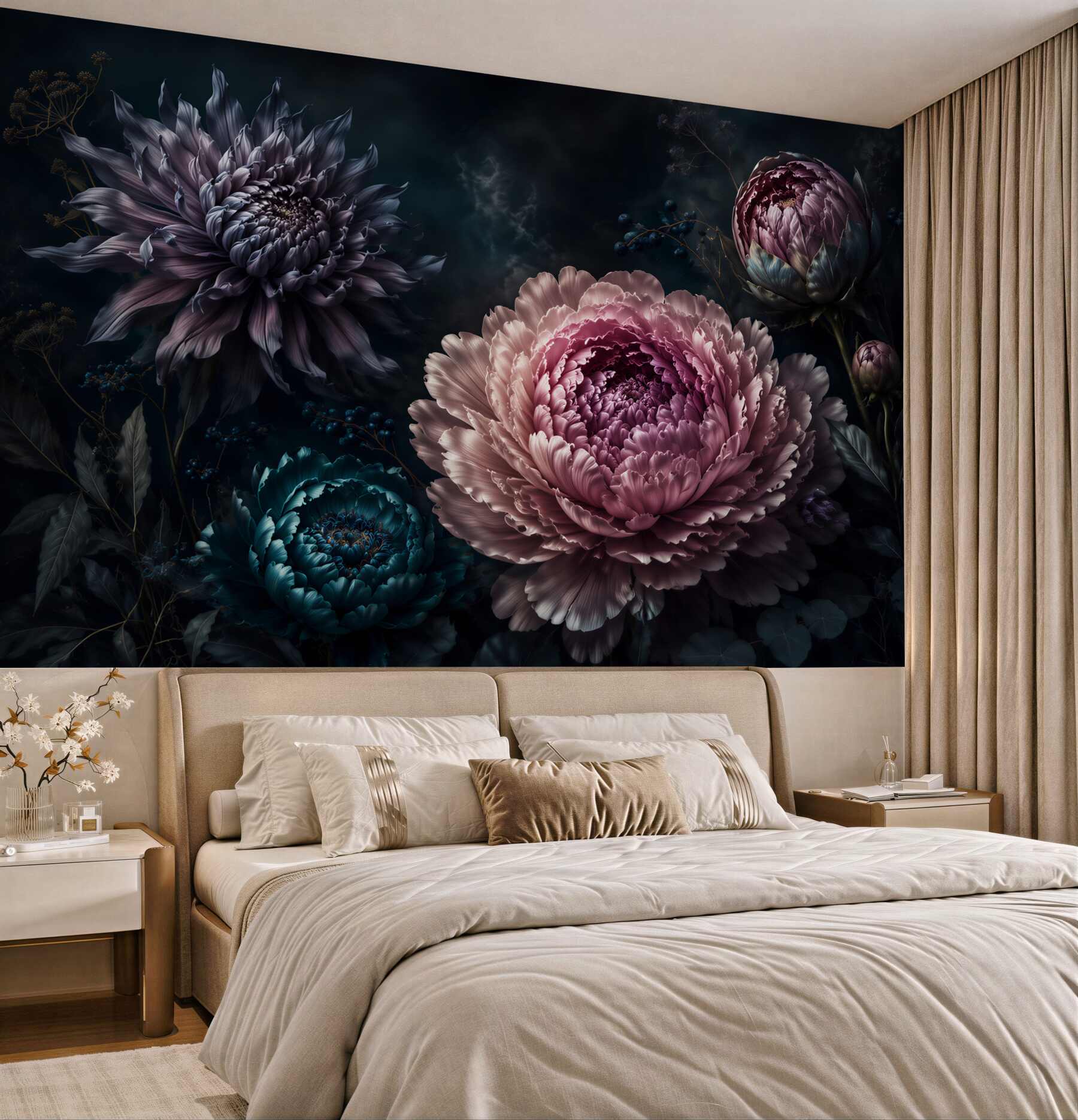 Fotobehang Donkere pioenrozen elegantie