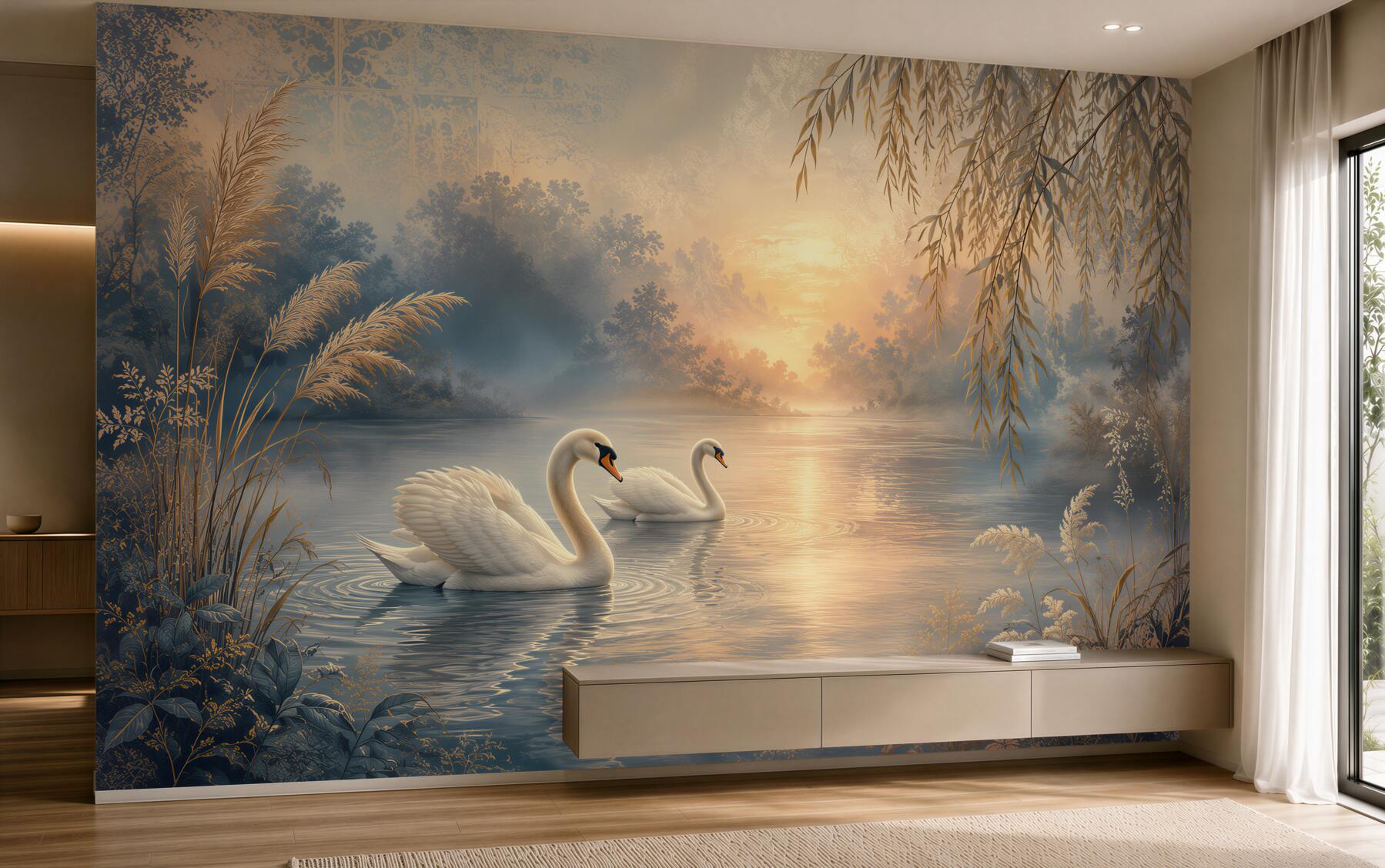 Fotobehang Romantische Zwanen bij Zonsondergang