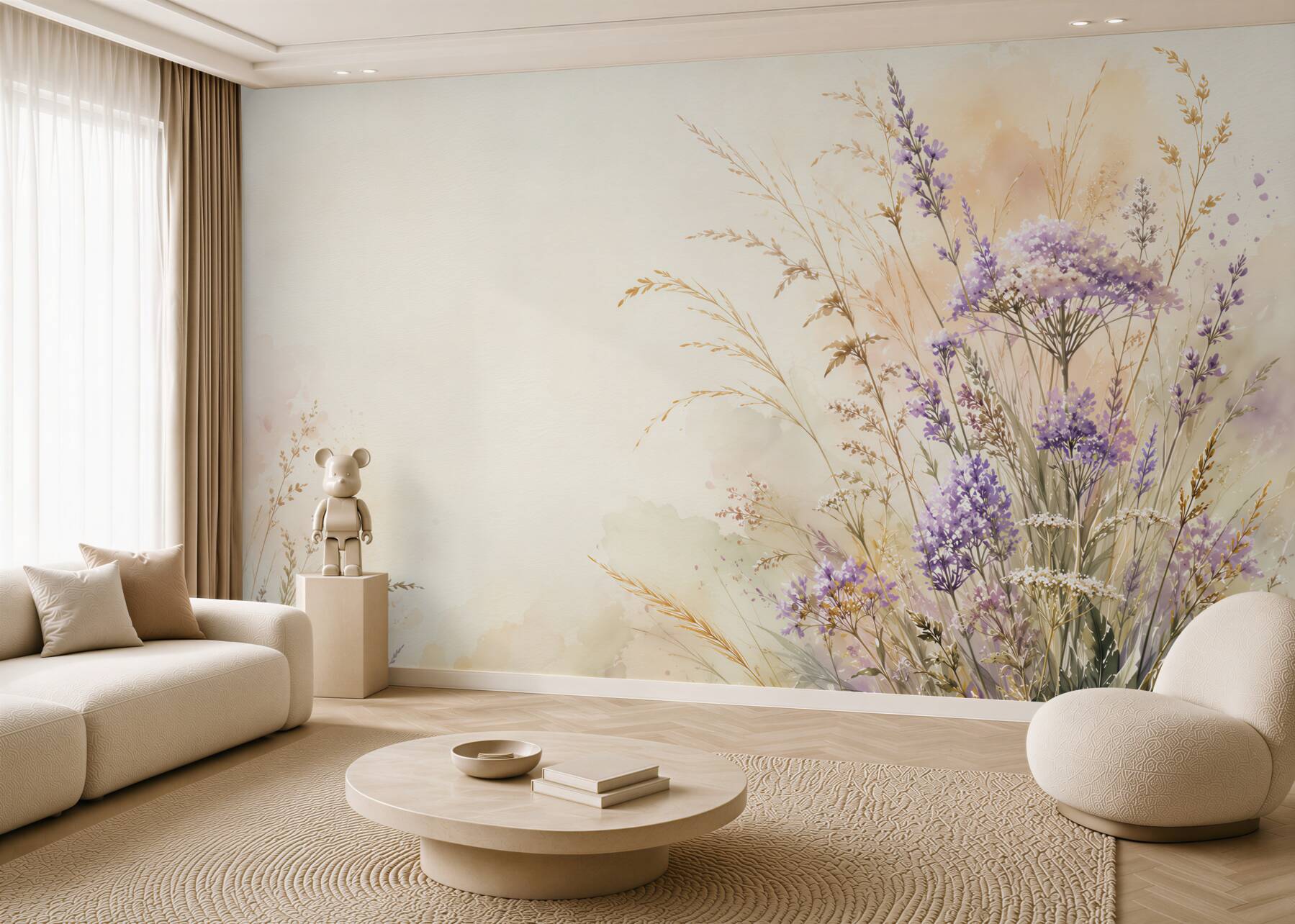 Fotobehang Lavendel- en Margrietenweide Aquarel