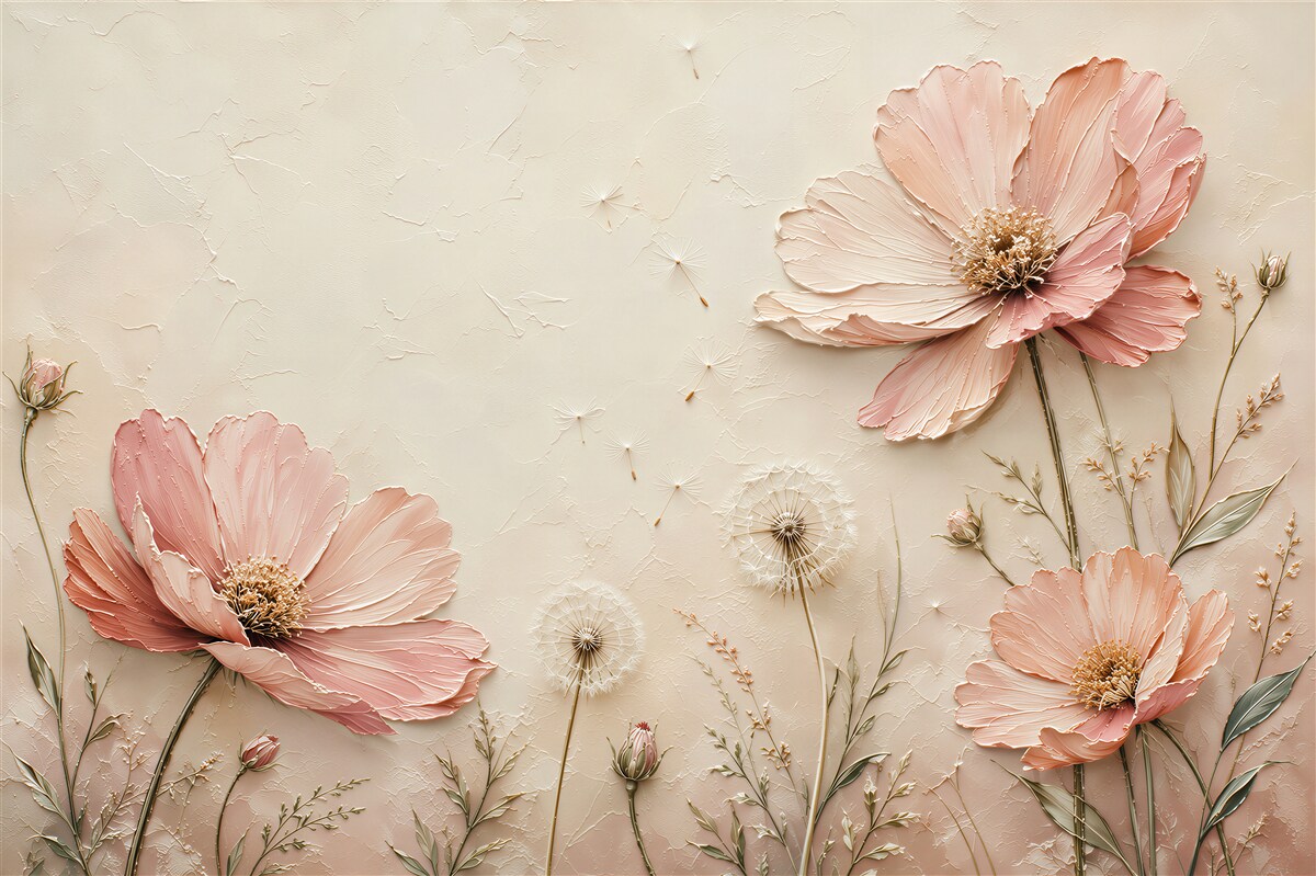 Fotobehang Roze Bloemen en Paardenbloemen