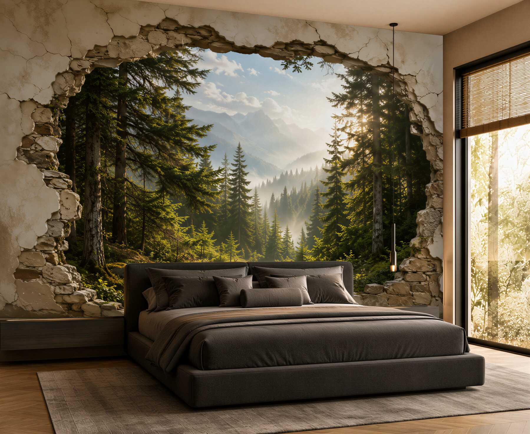 Fotobehang Leśny Widok przez Rozbitą Ścianę