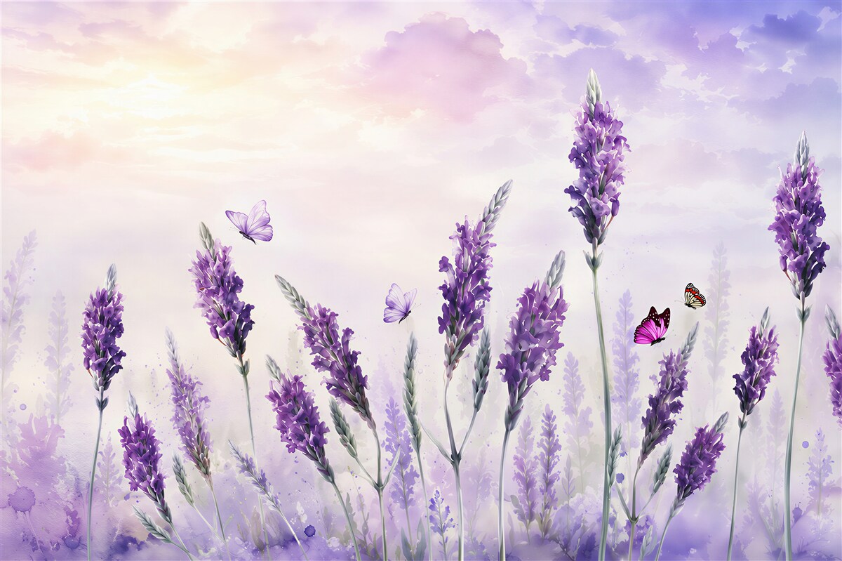 Fotobehang abstractie van lavendelbloemen aan de lucht