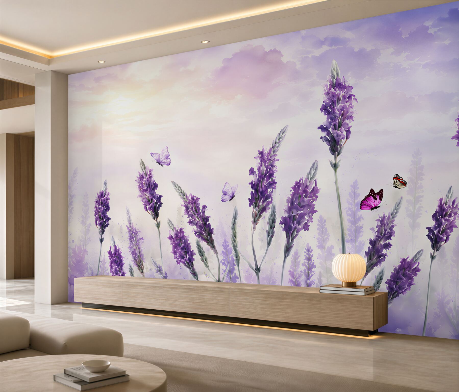 Fotobehang abstractie van lavendelbloemen aan de lucht