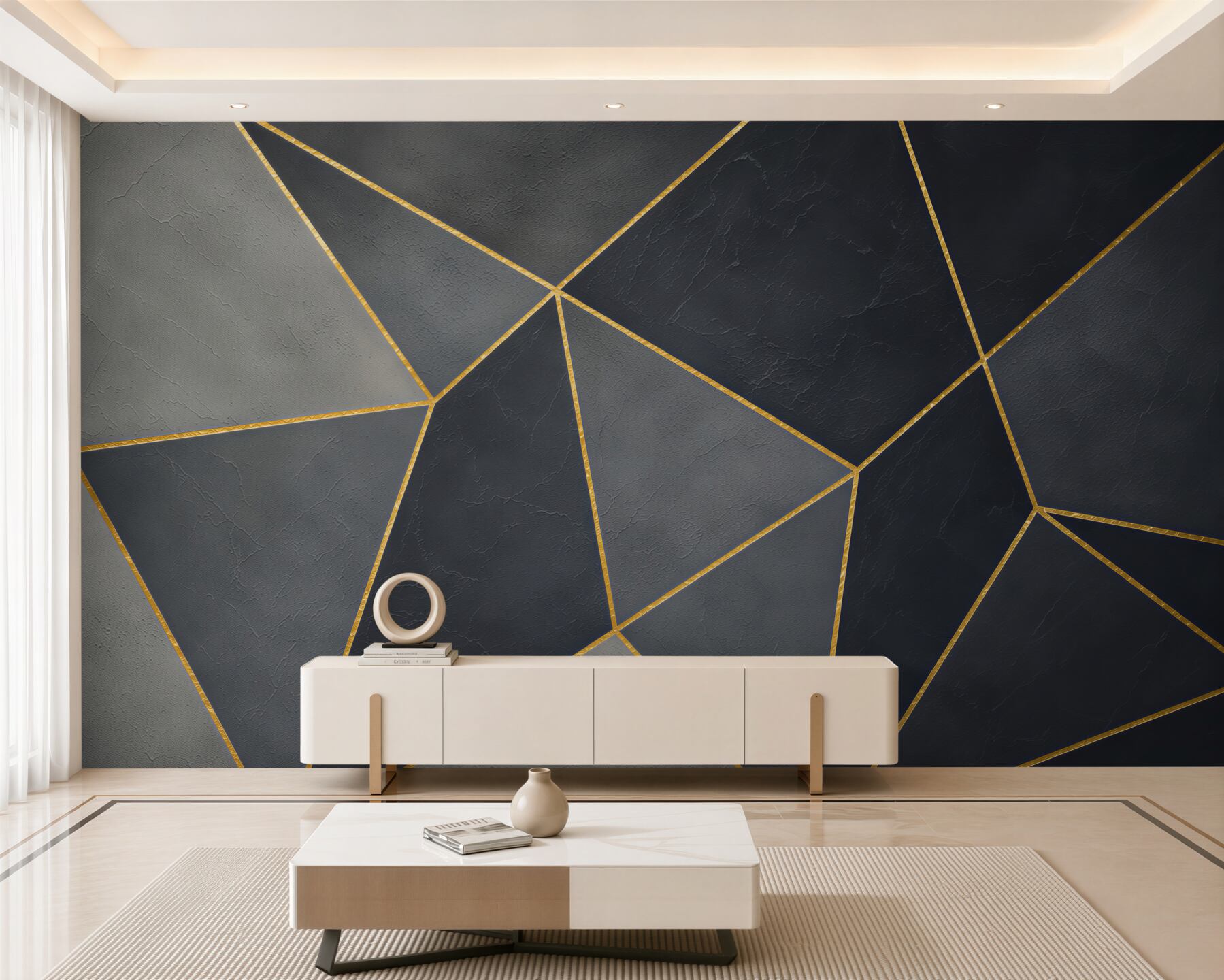 Fotobehang geometrische driehoeken grijs en beige met gouden lijn