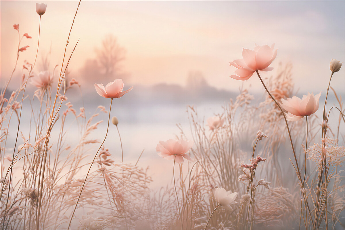 Fotobehang delicate veldbloemen in de beige mist