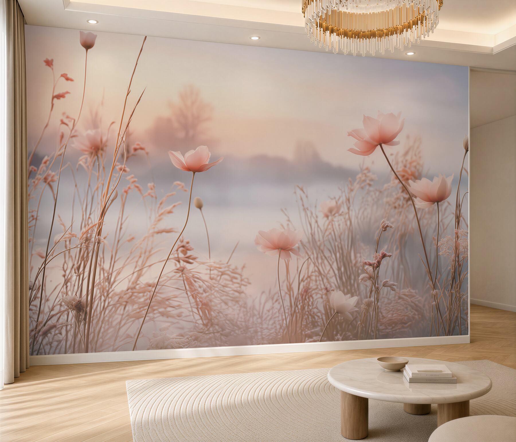 Fotobehang delicate veldbloemen in de beige mist