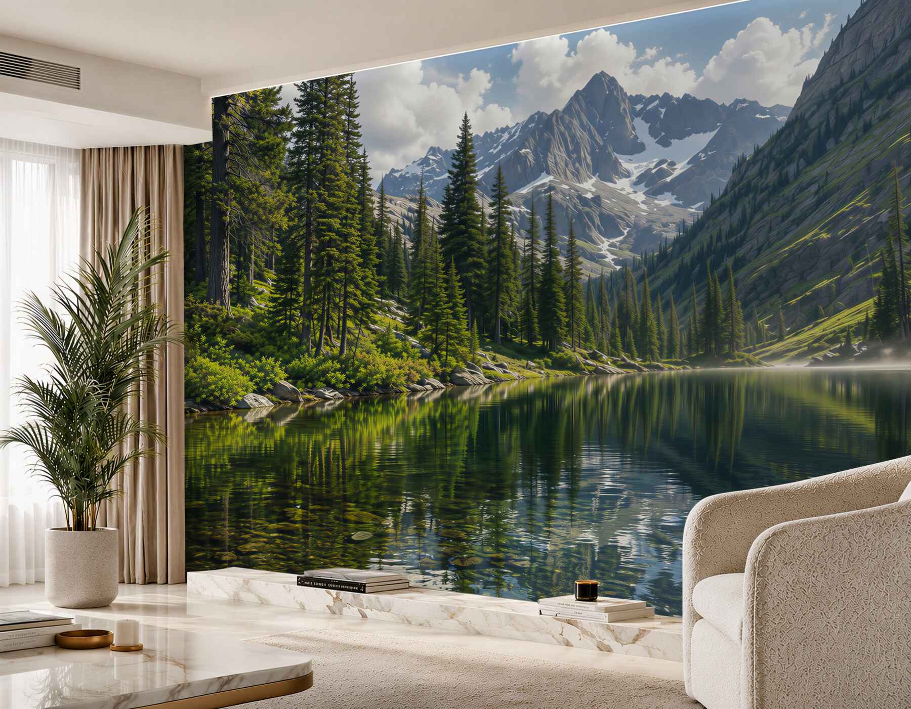 Fotobehang bergmeer bij zonsopgang met bos en toppen