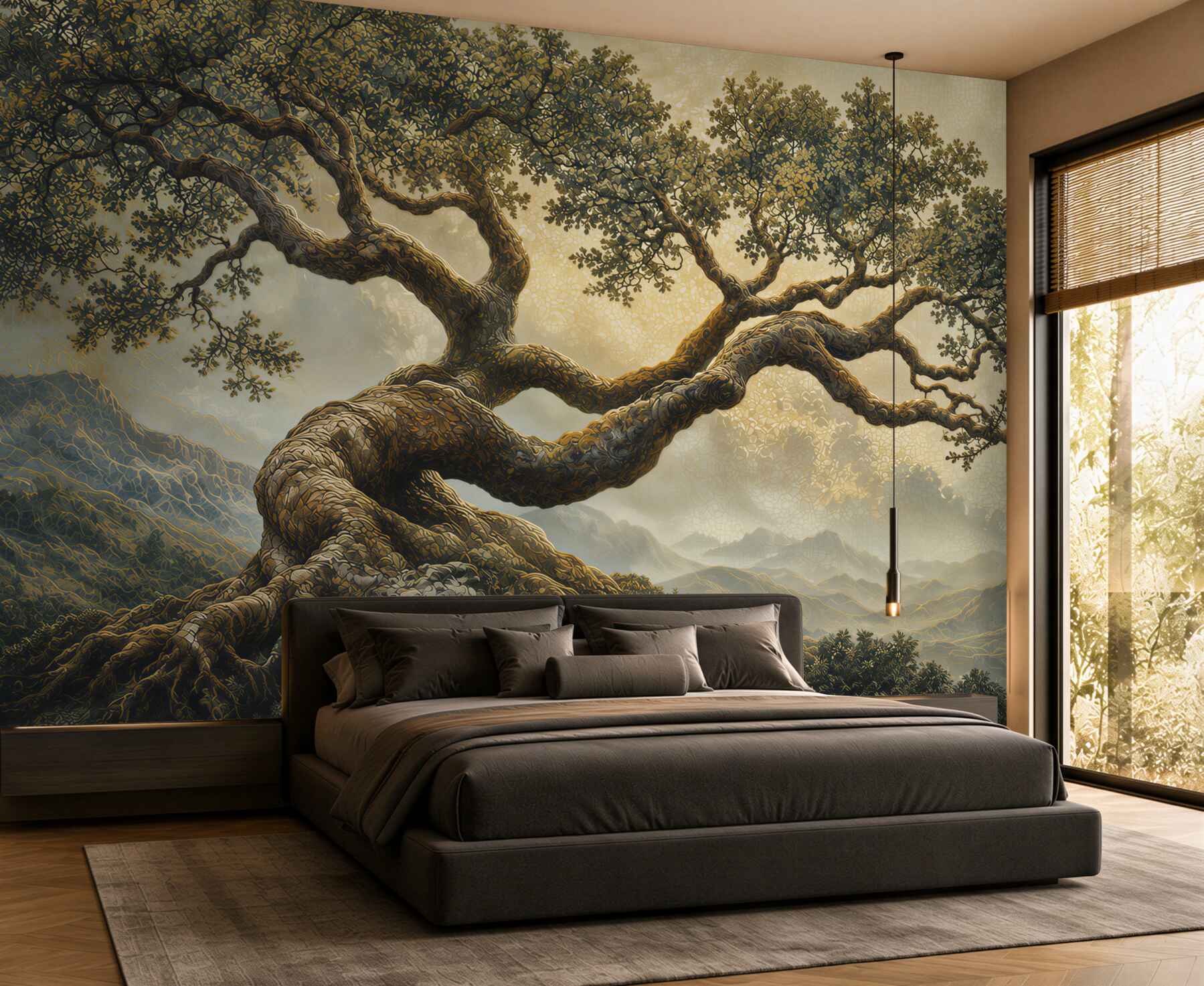 Fotobehang oude kromme boom in bergmist beige landschap