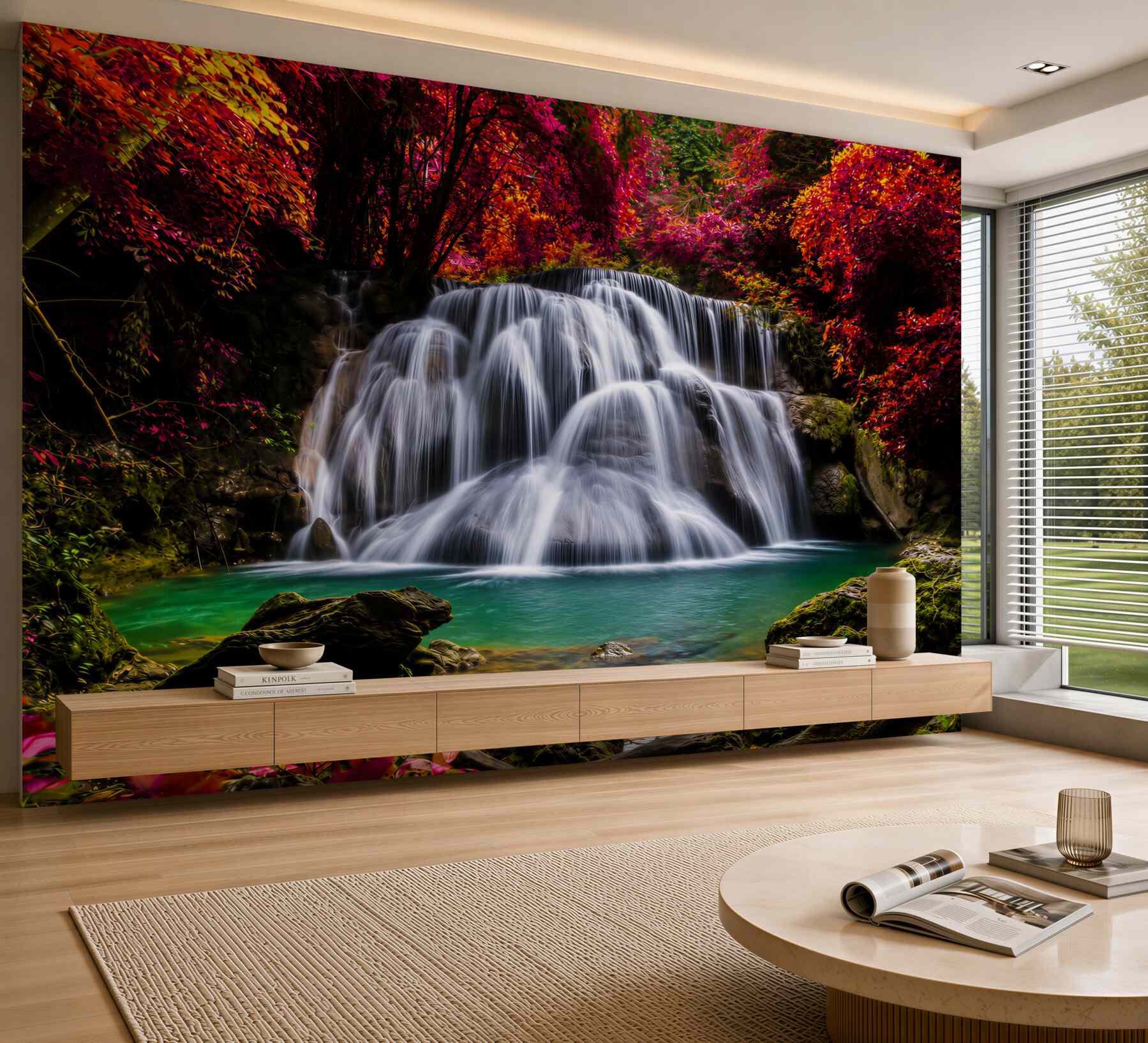 Fotobehang boswaterval met turquoise lagune en bloeiende bomen