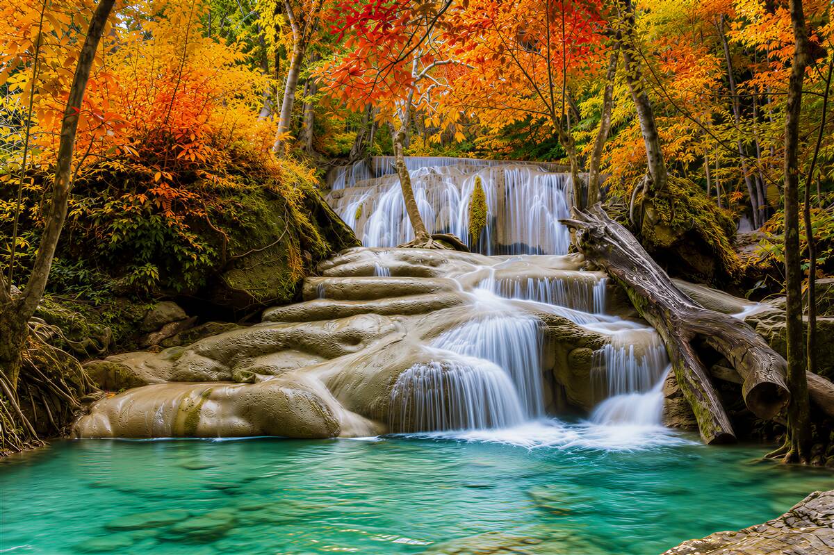 Fotobehang zonnige waterval in een groene bos met turquoise water