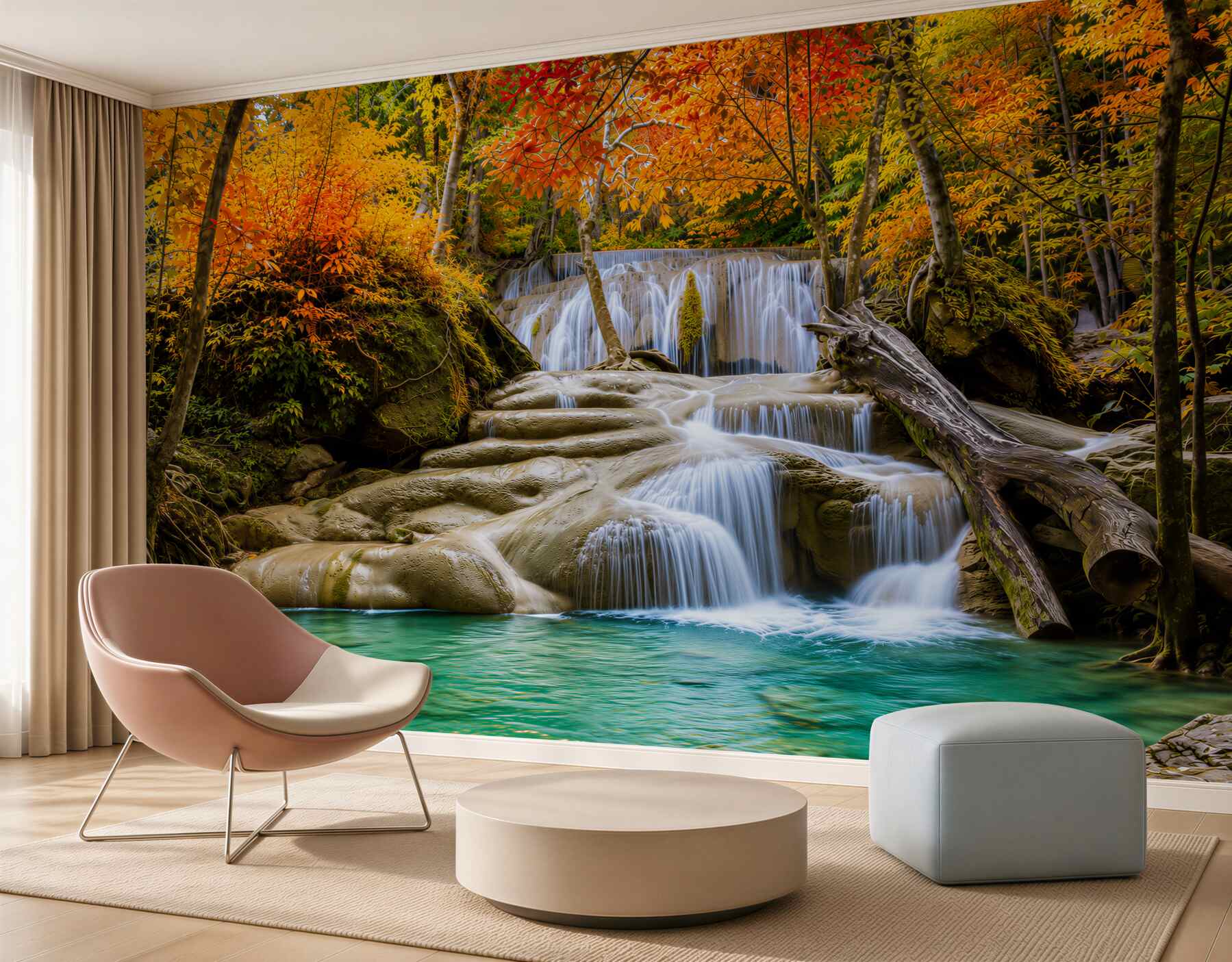 Fotobehang zonnige waterval in een groene bos met turquoise water