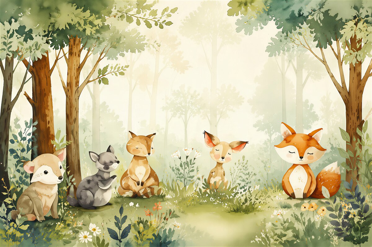 Fotobehang Dieren zitten op het gras in het bos