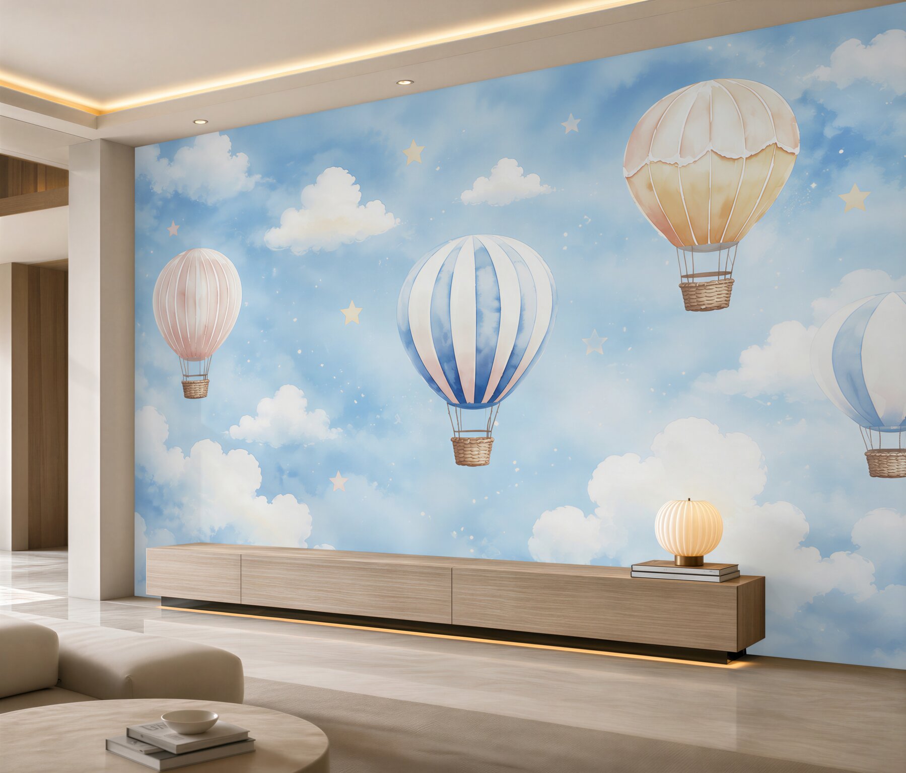Fotobehang Ballonnen aan de lucht met wolken