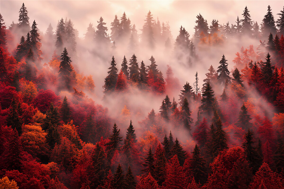Fotobehang rode herfstbos in de mist sfeervol voor de woonkamer