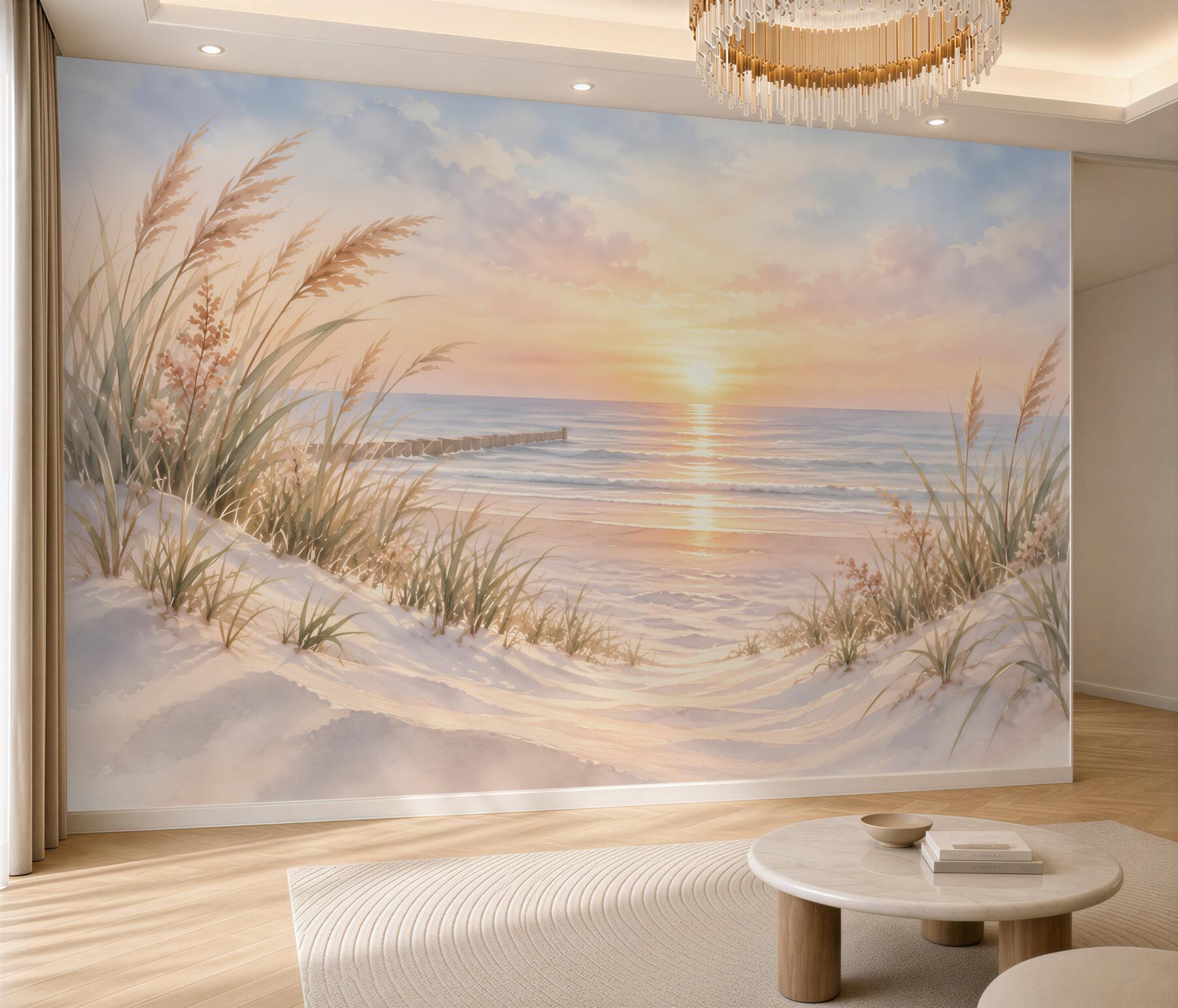 Fotobehang groen gras op een zandstrand