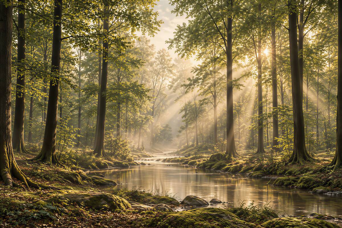 Fotobehang zonnestralen die door een slanke bos gaan