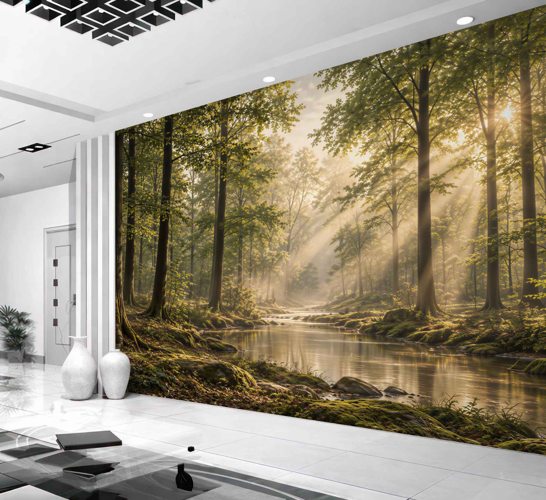 Fotobehang zonnestralen die door een slanke bos gaan