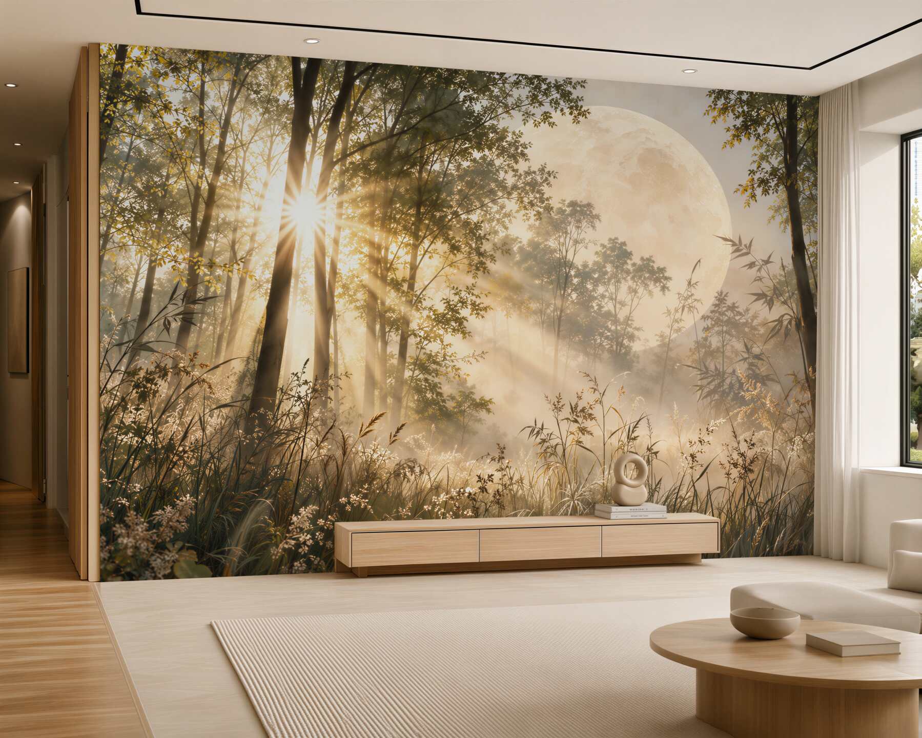 Fotobehang zonnestralen die door de bomen in het bos schijnen