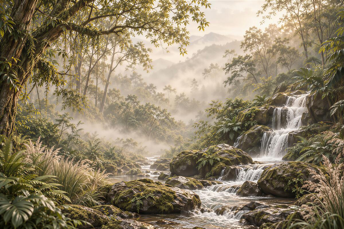 Fotobehang waterval in een dichte en groene bos