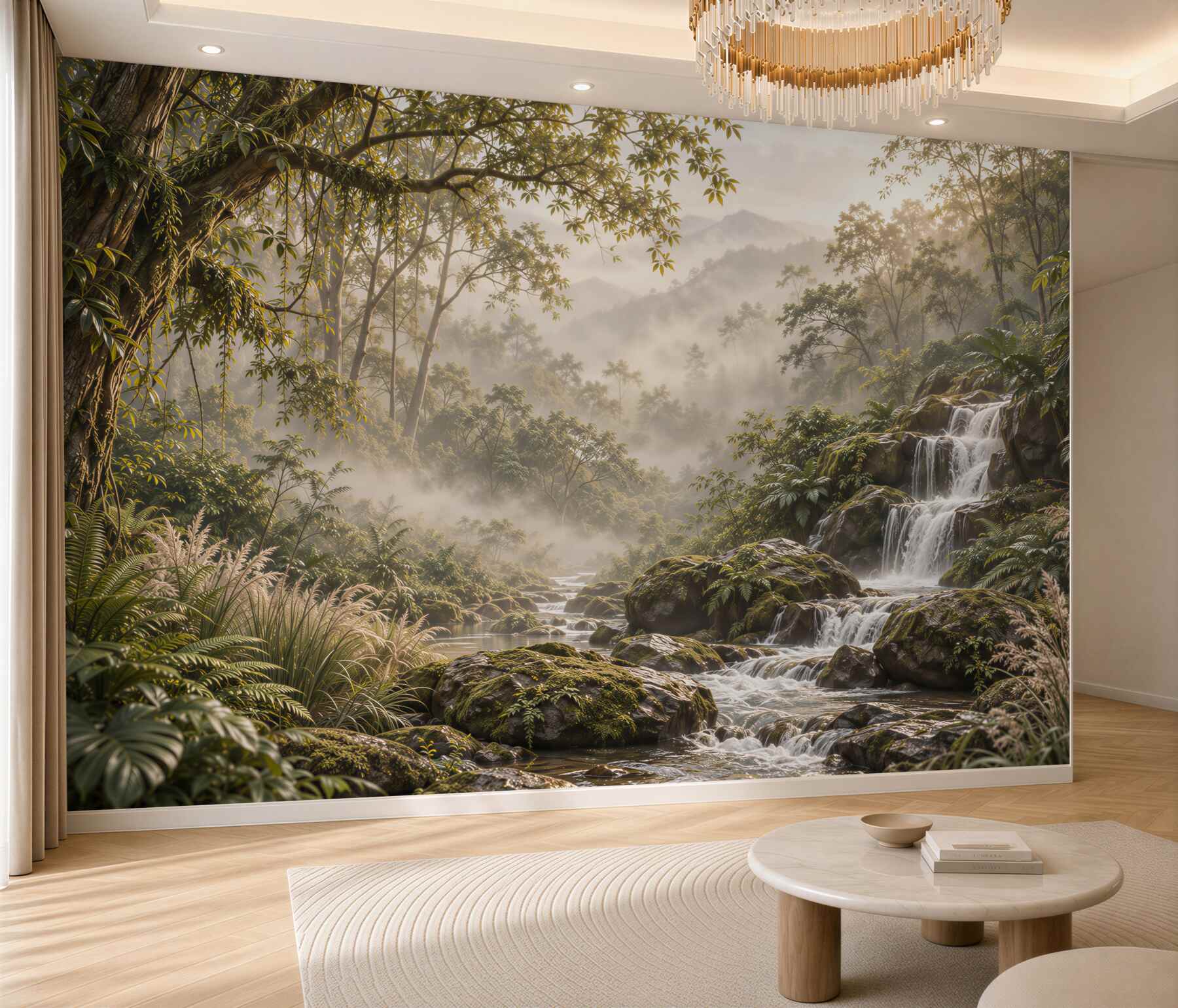 Fotobehang waterval in een dichte en groene bos