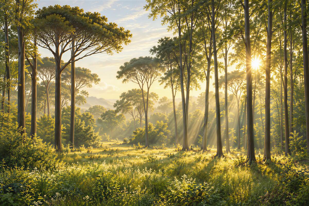 Fotobehang gazon met uitzicht op de zonsopgang in het bos
