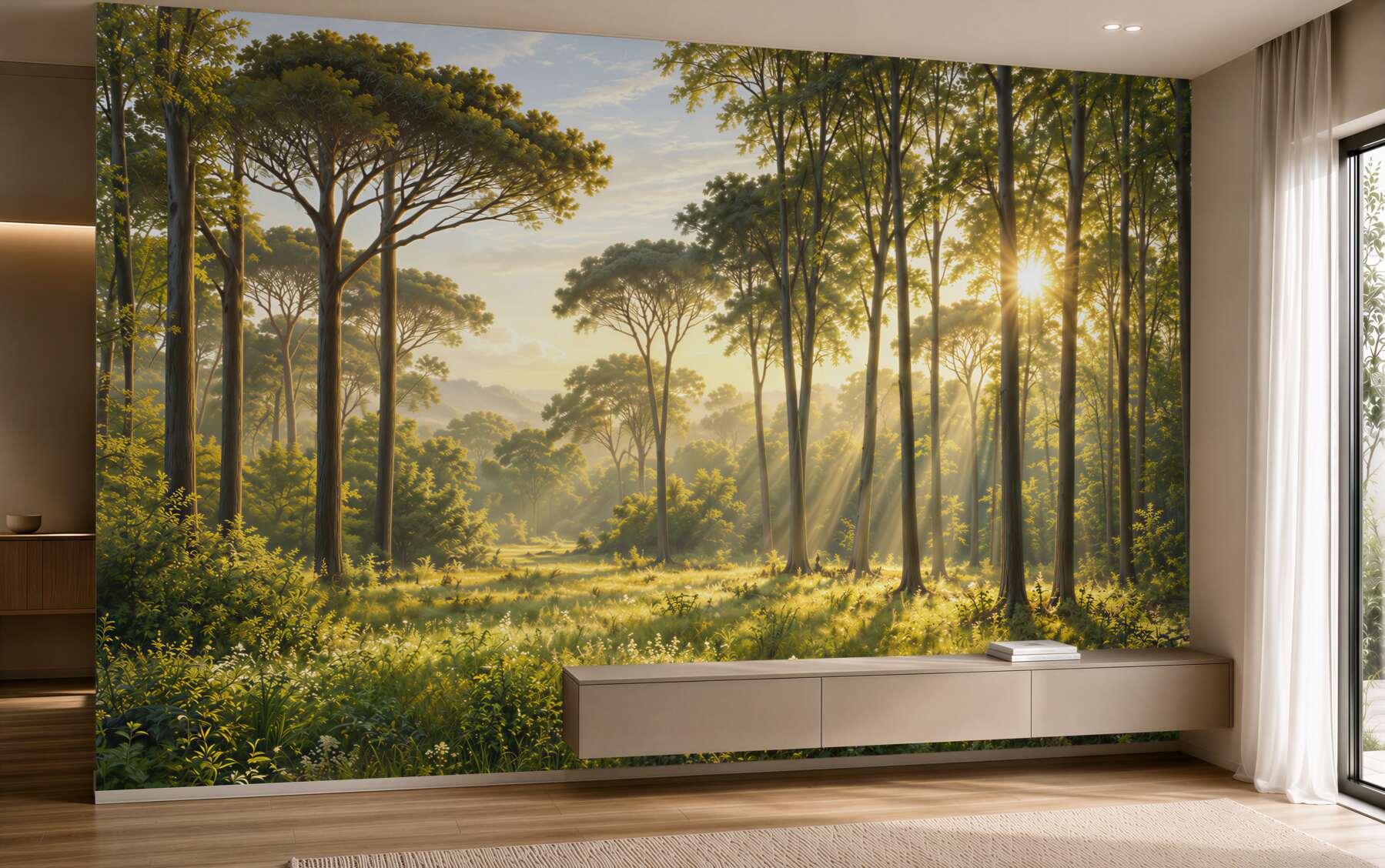 Fotobehang gazon met uitzicht op de zonsopgang in het bos