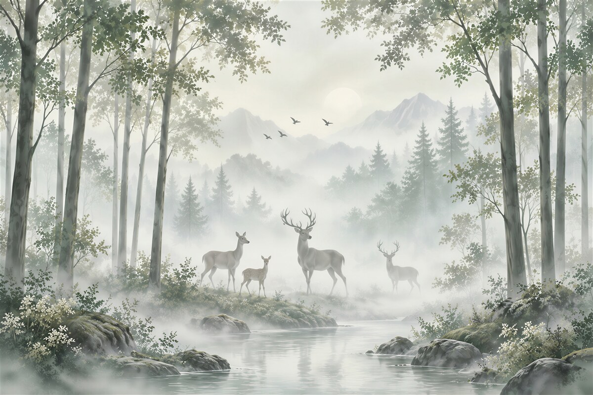 Fotobehang Hert en vogels in het bos