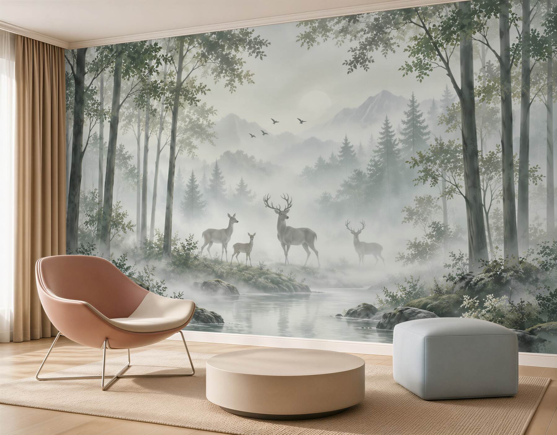 Fotobehang Hert en vogels in het bos