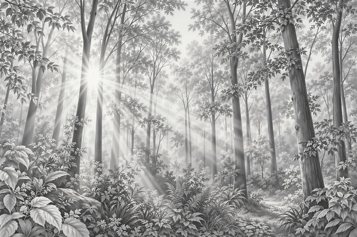 Fotobehang bos in de mist zwart-wit