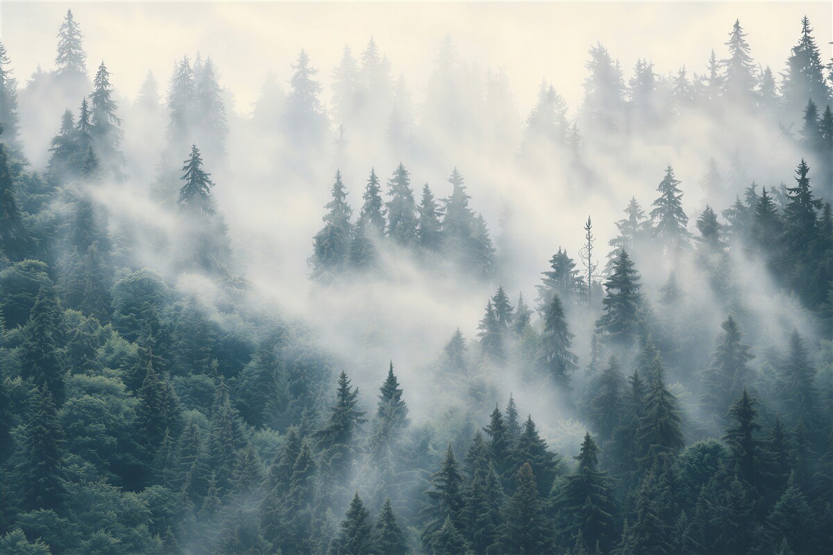 Fotobehang mistig naaldbos aan de voet van de bergen rustig landschap