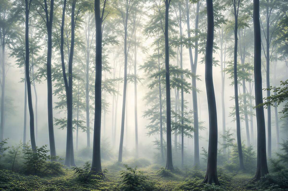 Fotobehang vroeg in de ochtend mist in het bos