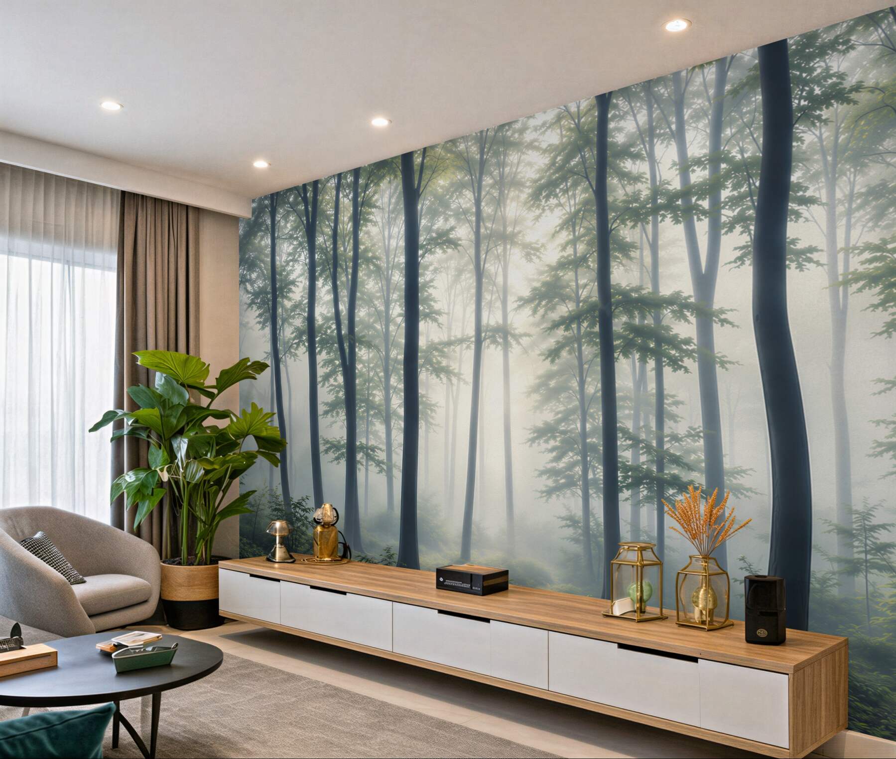 Fotobehang vroeg in de ochtend mist in het bos