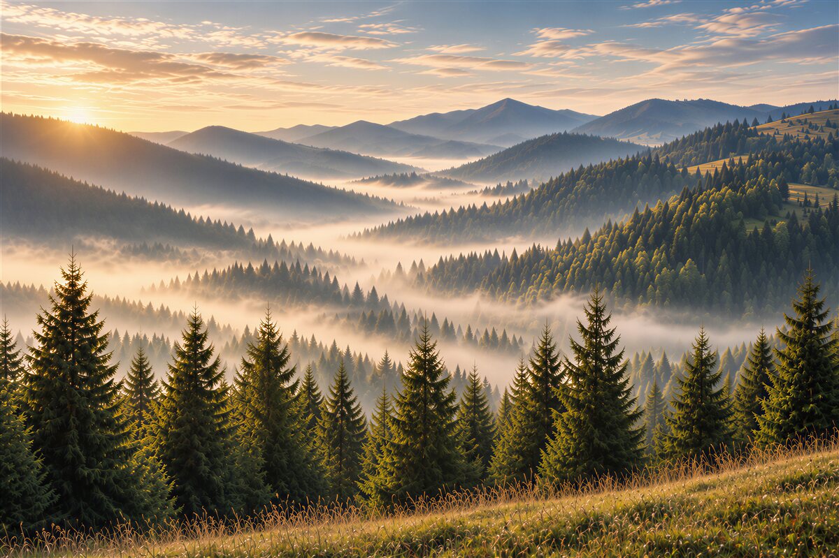 Fotobehang mist daunează unei păduri de toamnă dense