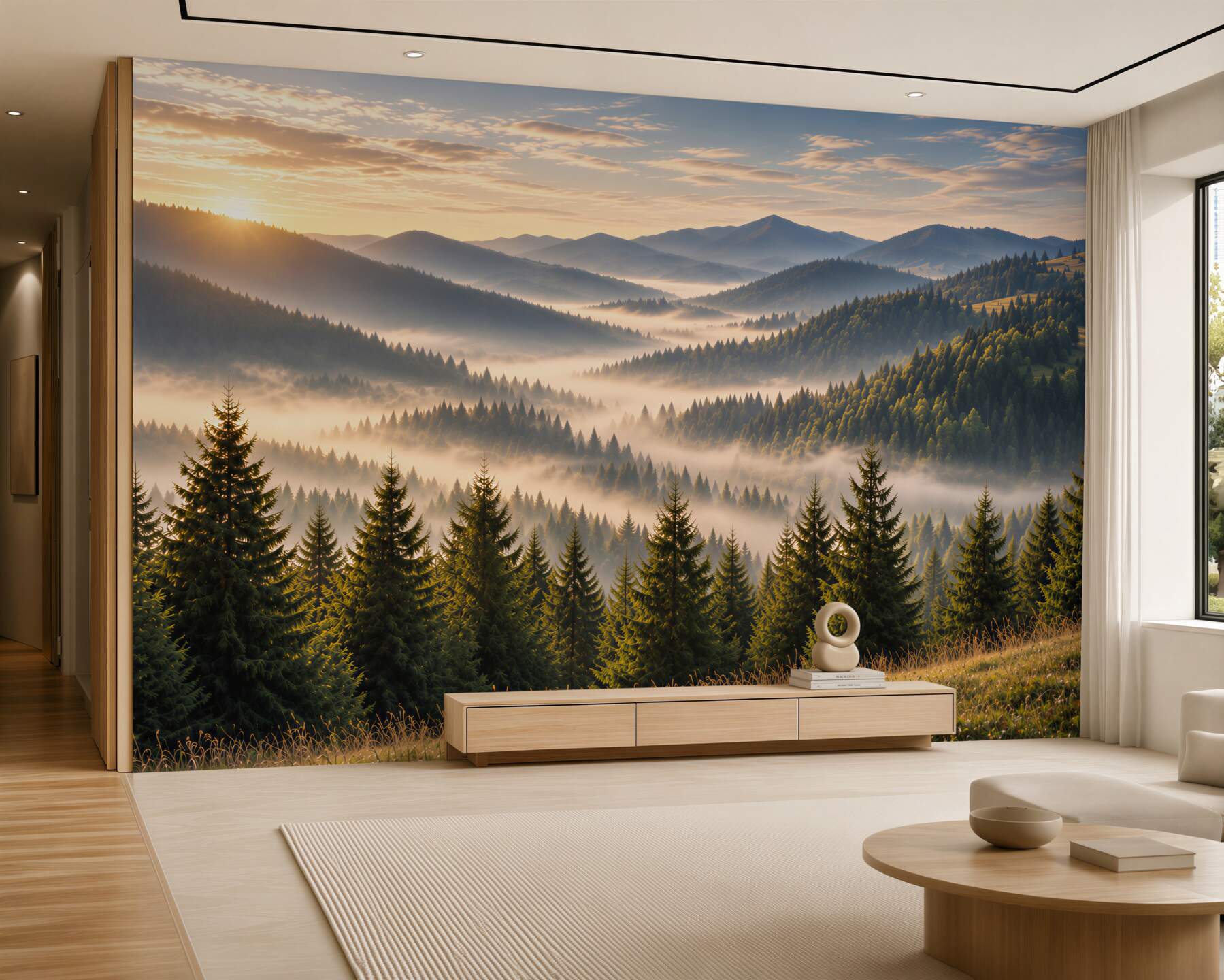 Fotobehang mist daunează unei păduri de toamnă dense