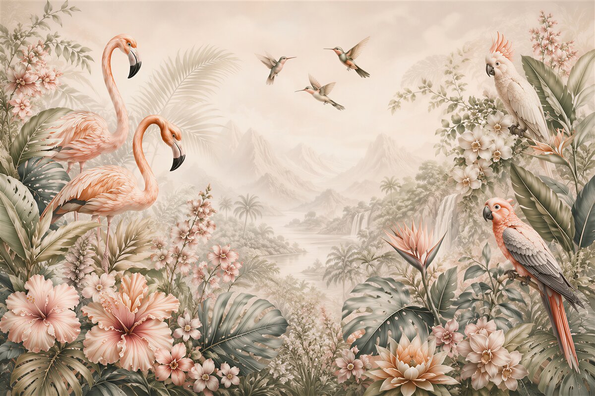 Fotobehang tropische flamingo's en papegaaien